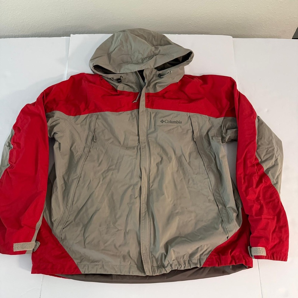 Columbia Mens Omni-Tech Rain Jacket XL Red Gray Colorblock Full Zip Hooded Shell